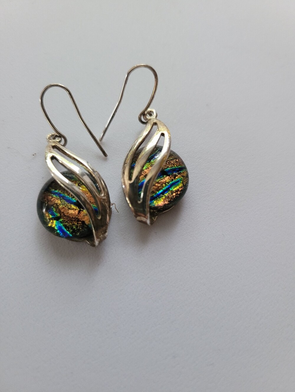 Dichroic Glass Drop Earrings in Multi-Color with Silver Tone Setting